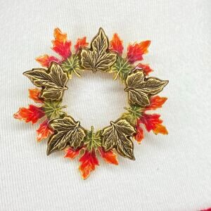 Vintage Kenneth Cole Autumn Leaves Wreath Brooch Pin Goldtone Orange Enamel Fall